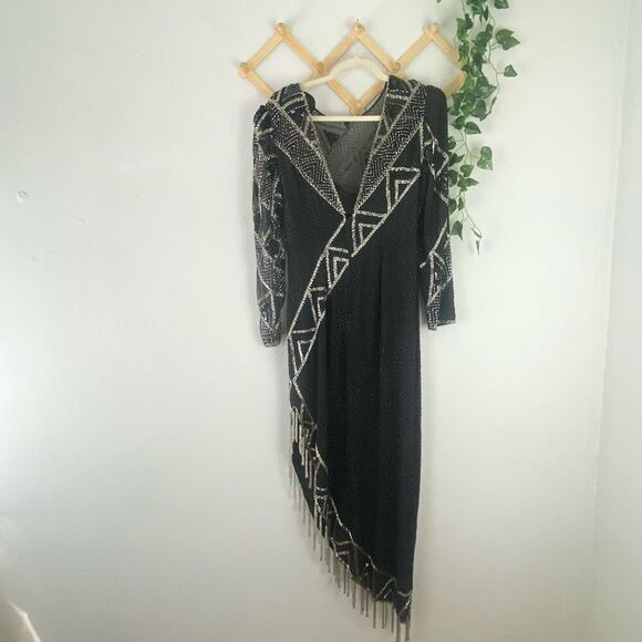 VINTAGE SHO MAX ORIGINALS Embellished Asymmetrical Silk Dress Size Medium GUC - Picture 8 of 8